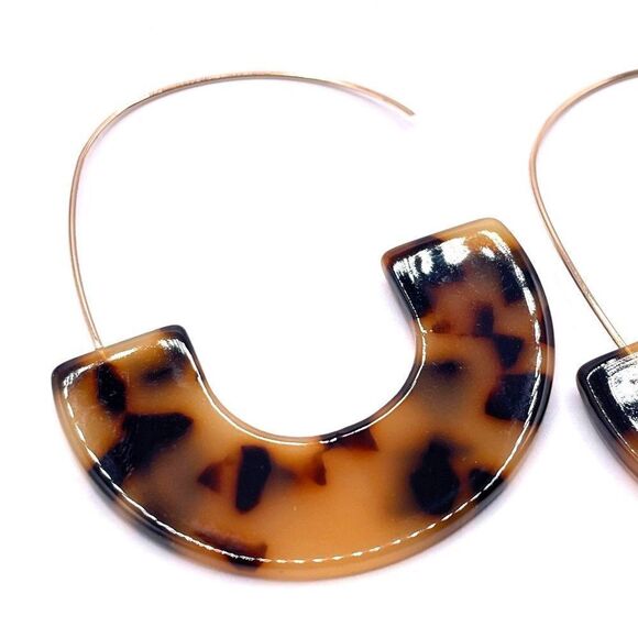Orange and Black C Shaped Tortoise Shell Acrylic Yellow Gold Hoop Earrings - Picture 4 of 6